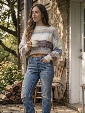 Gentle Fawn Multicolor Stripe Fuzzy Semi Crop Oversized Cottagecore Boho Sweater